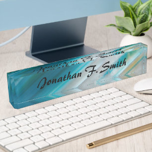 Teal Blue Banded Agate Pattern Personalised Nameplate