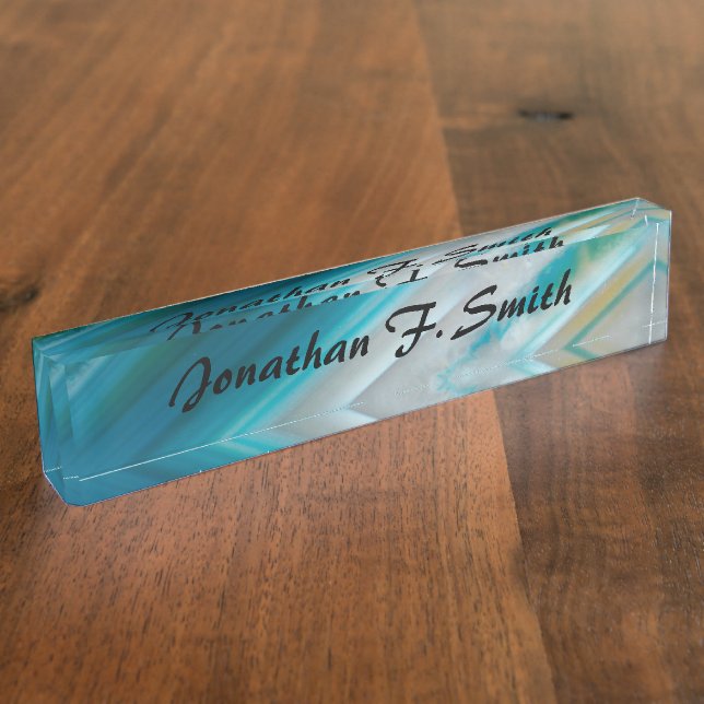 Teal Blue Banded Agate Pattern Personalised Nameplate (Side)
