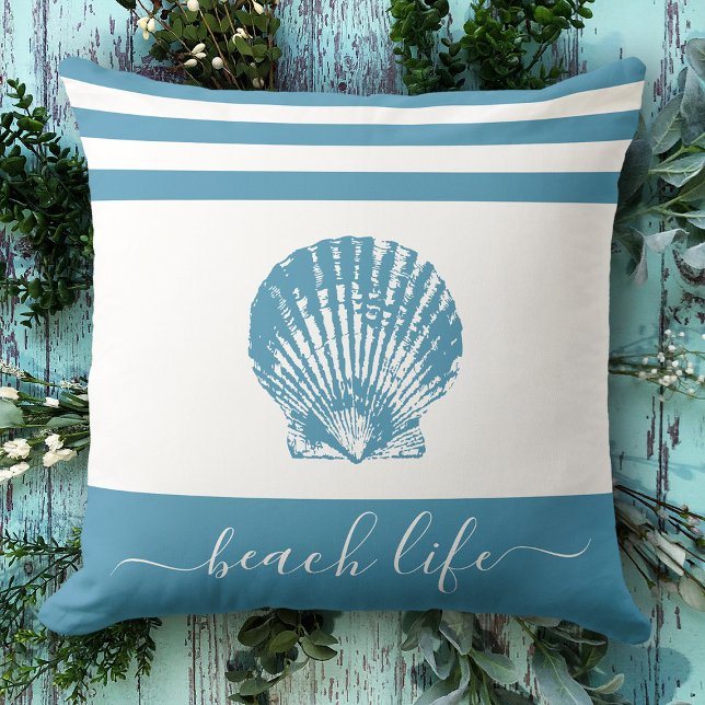 Teal blue beach life script seashell modern chic cushion (Creator Uploaded)