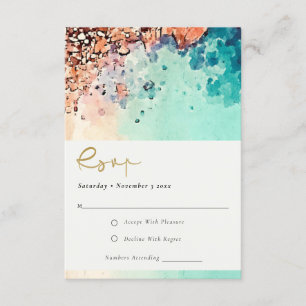 TEAL BLUE BEACH SAND ROCK WATERCOLOR WEDDING RSVP ENCLOSURE CARD
