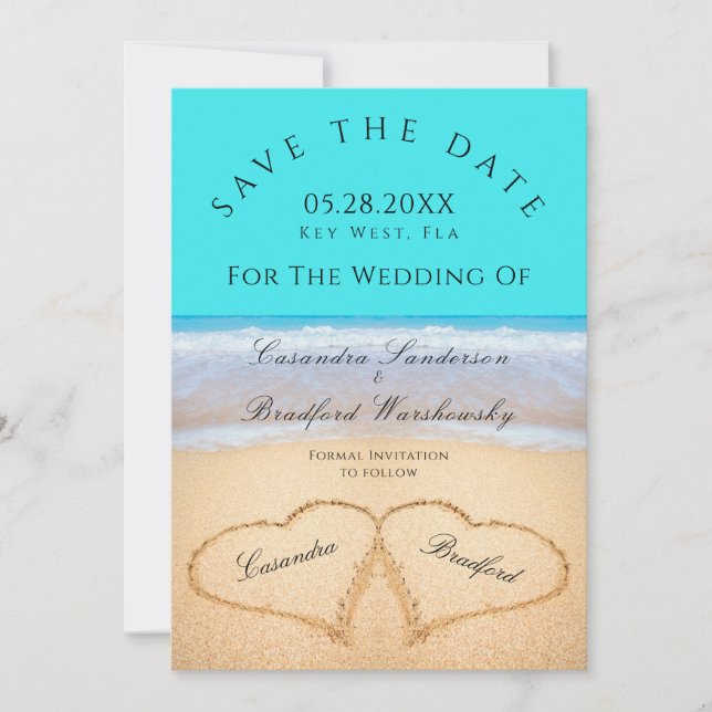 Teal Blue Beach Wedding 2 Hearts in the Sand Invitation (Front)
