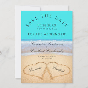 Teal Blue Beach Wedding 2 Hearts in the Sand Invitation