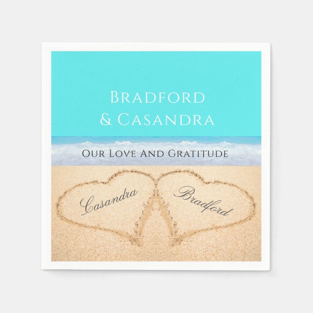 Teal Blue Beach Wedding 2 Hearts in the Sand  Napkin (Front)