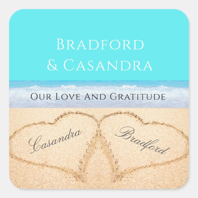 Teal Blue Beach Wedding 2 Hearts in the Sand Square Sticker (Front)