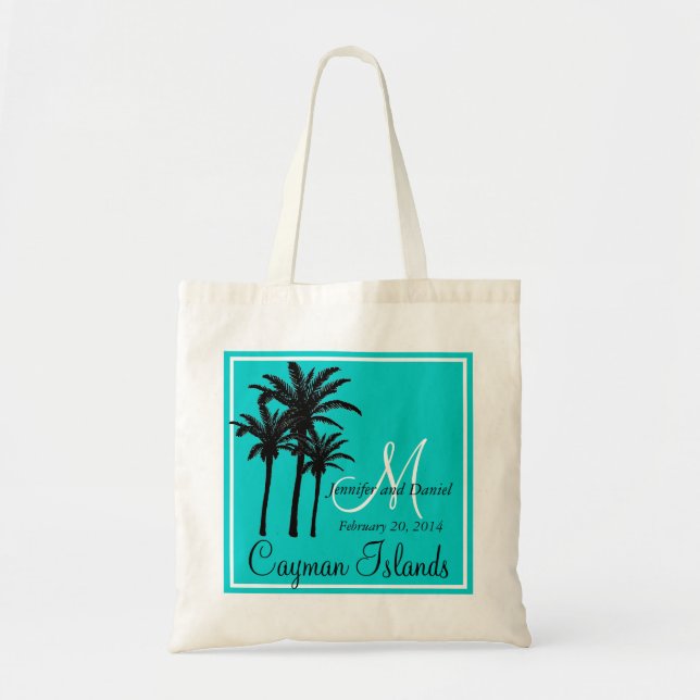 Teal Blue Beach Wedding Palm Trees Tote Bag (Front)