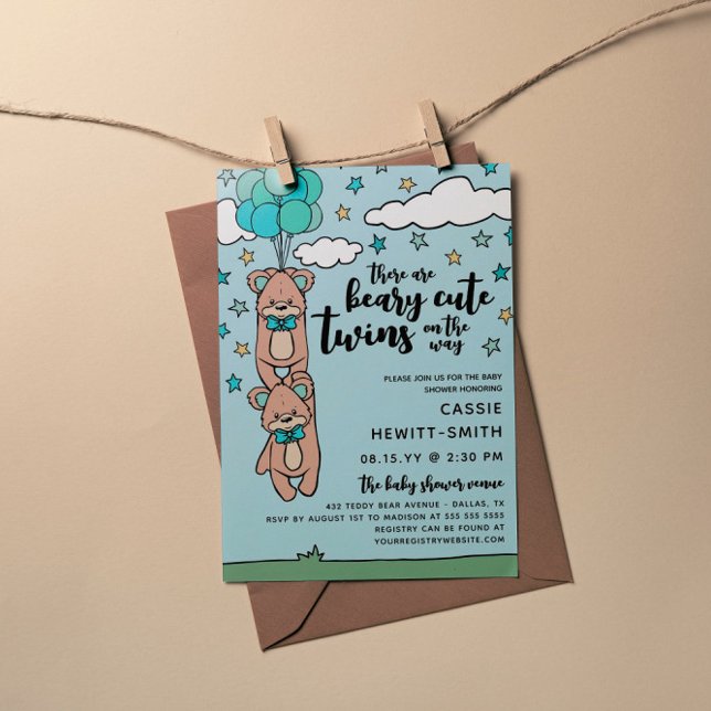 Teal Blue Beary Cute Twin Boys Baby Shower Invitation (Creator Uploaded)