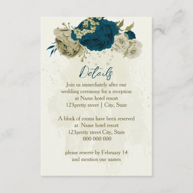 teal blue beige botanical wedding details enclosure card (Front)