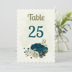 teal blue beige floral botanical table number card