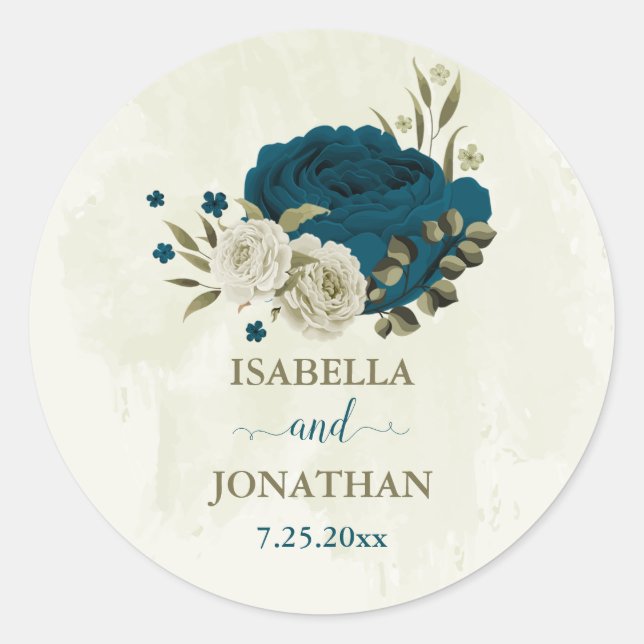 teal blue beige floral botanical wedding classic round sticker (Front)