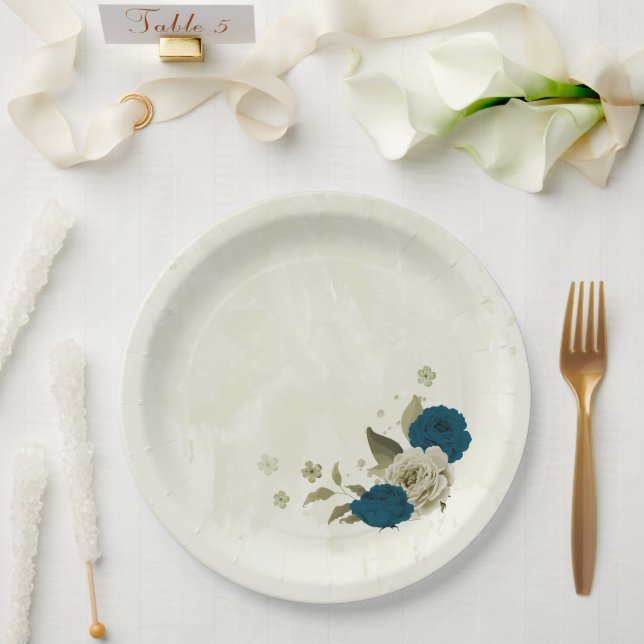 teal blue beige floral botanical wedding paper plate (Wedding)