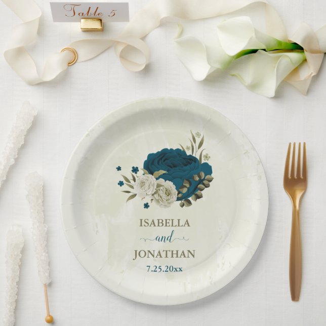 teal blue beige floral botanical wedding paper plate (Wedding)