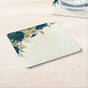 teal blue beige floral botanical wedding square paper coaster