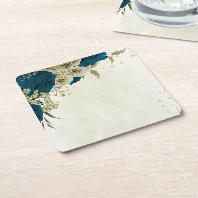 teal blue beige floral botanical wedding square paper coaster (Angled)