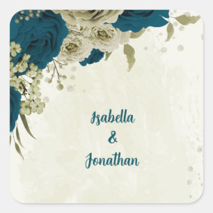 teal blue beige floral botanical wedding square sticker