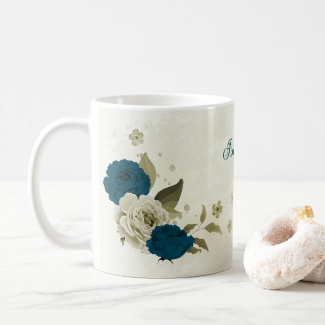 teal blue beige floral  coffee mug (With Donut)