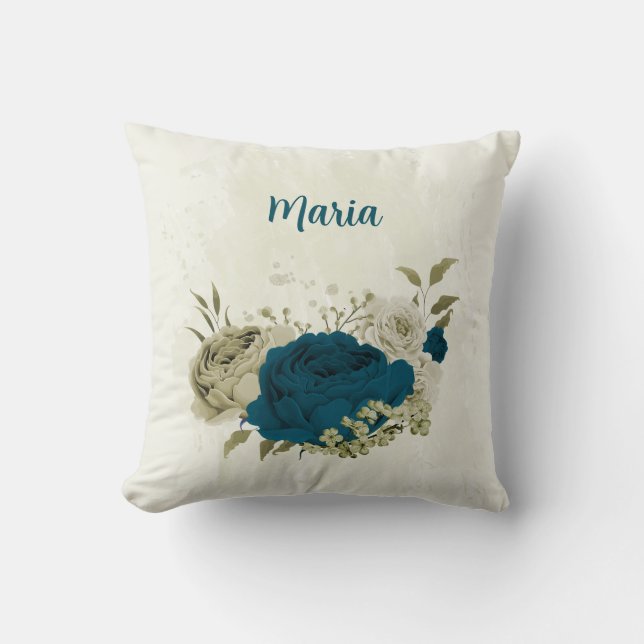 teal blue beige floral cushion (Front)