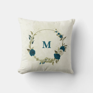 teal blue beige floral cushion