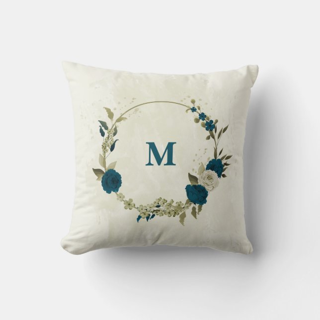 teal blue beige floral cushion (Front)