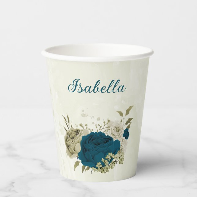 teal blue beige floral  paper cups (Front)