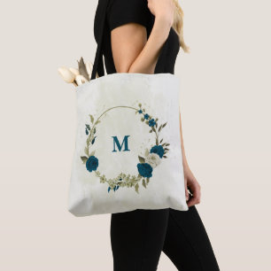teal blue beige floral tote bag