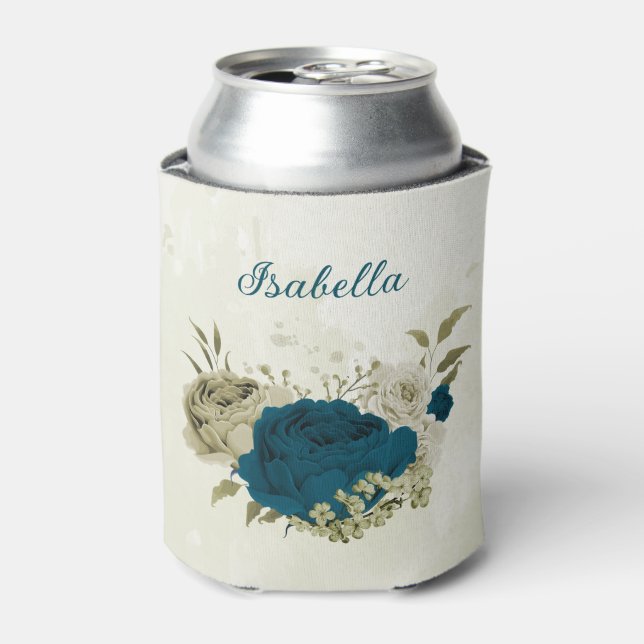 teal blue beige floral wedding  can cooler (Can Front)