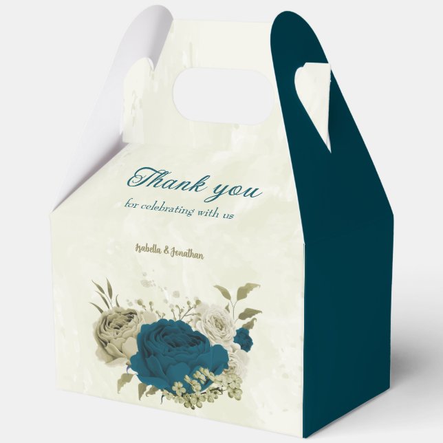 teal blue beige floral wedding  favour box (Front)