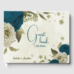 teal blue beige floral wedding  guest book
