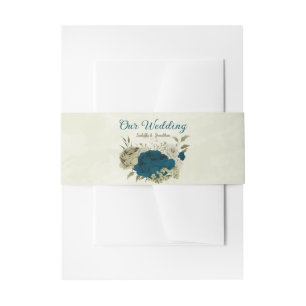 teal blue beige floral wedding invitation belly band