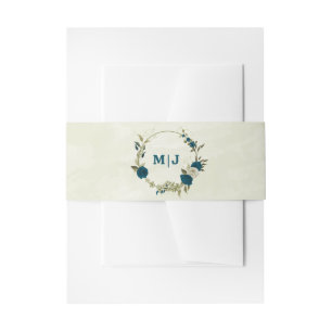 teal blue beige floral wedding invitation belly band
