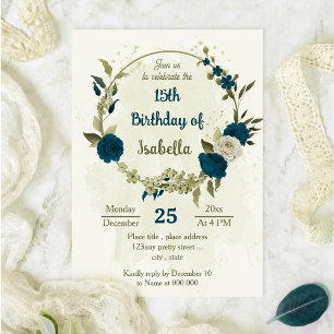 teal blue beige flowers botanical birthday invitation