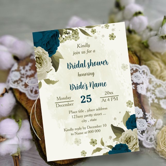 teal blue beige flowers botanical bridal shower invitation (Creator Uploaded)