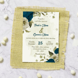 teal blue beige flowers botanical wedding invitation