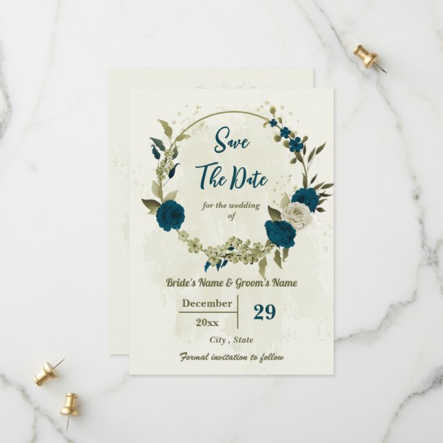 teal blue beige flowers botanical wedding save the date (Front/Back In Situ)