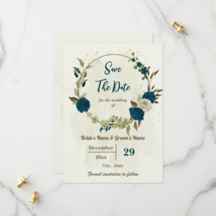 teal blue beige flowers botanical wedding save the date