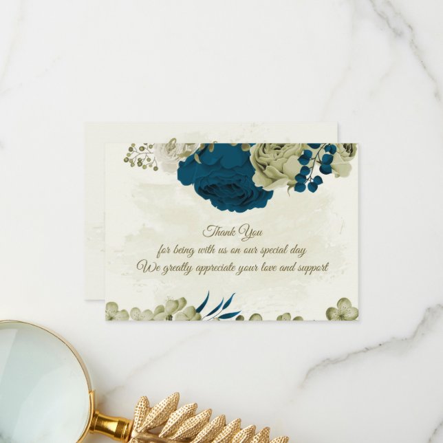 teal blue beige flowers botanical wedding thank you card (Front/Back In Situ)