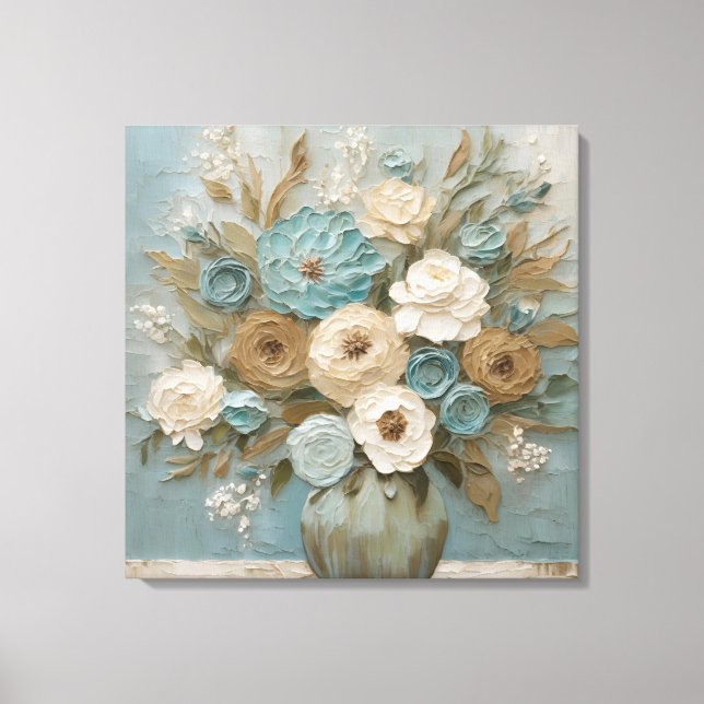 Teal Blue Beige Sage Cream Floral Canvas Print (Front)