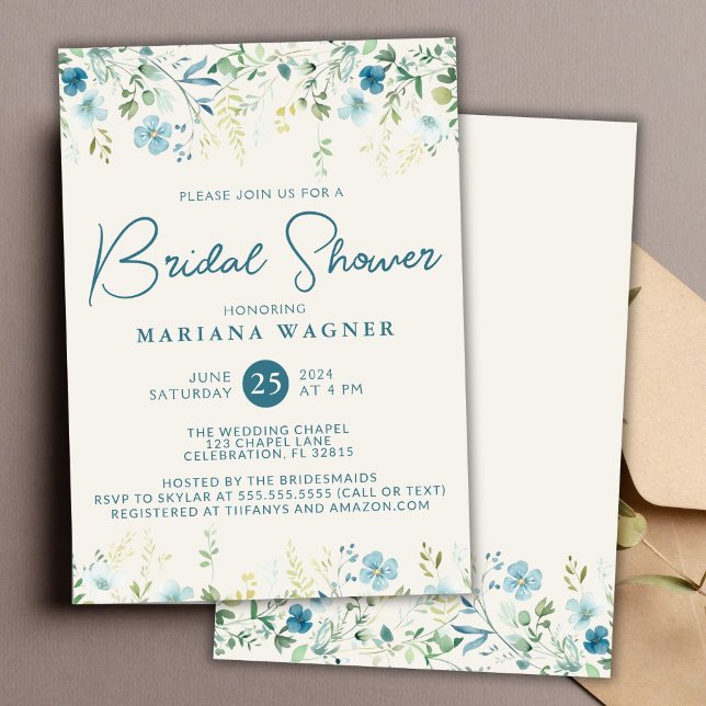 Teal Blue Beige Wildflowers Bridal Shower Invitation (Creator Uploaded)