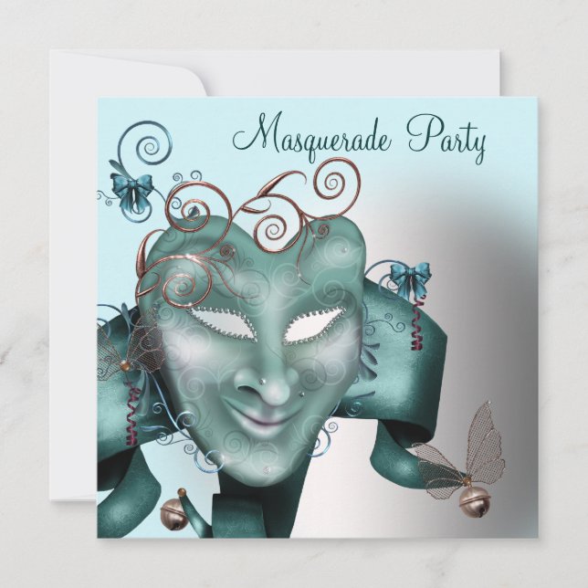 Teal Blue Birthday Masquerade Party Invitation (Front)