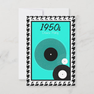 Teal, blue, black and white 1950s theme RSVP card