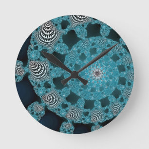 Teal Blue Black and White Fractal Circle Twirl Round Clock