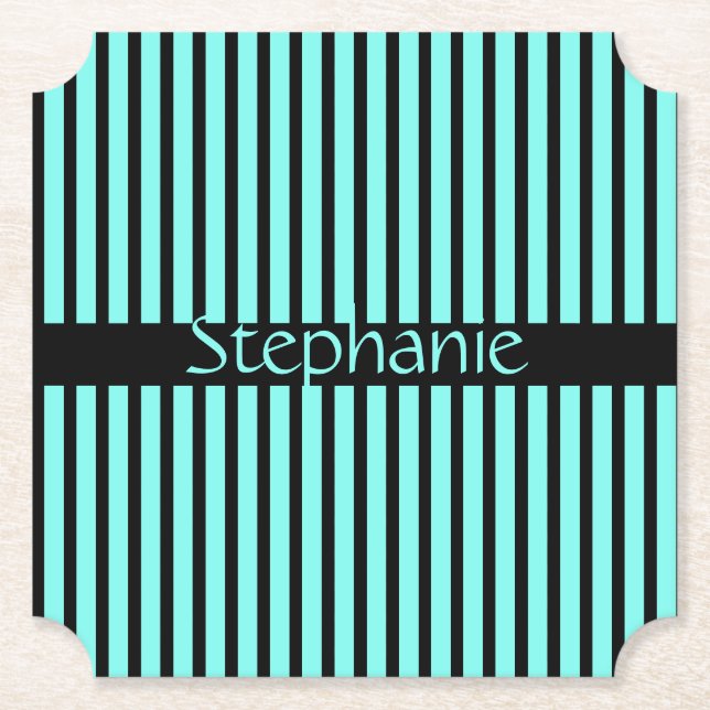Teal Blue Black Baby Shower Custom Name Stripes Paper Coaster (Front)