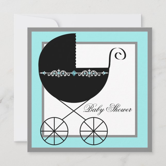 Teal Blue Black Carriage Baby Shower Invitations (Front)