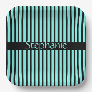 Teal Blue Black Custom Name Stripes Baby Shower Paper Plate