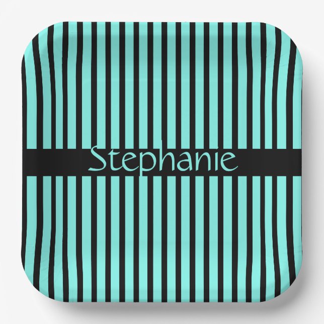 Teal Blue Black Custom Name Stripes Baby Shower Paper Plate (Front)