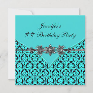 Teal Blue Black Damask Birthday Party Invitation