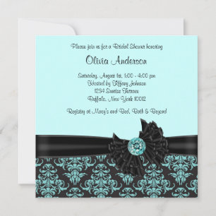 Teal Blue Black Damask Bridal Shower Invitation