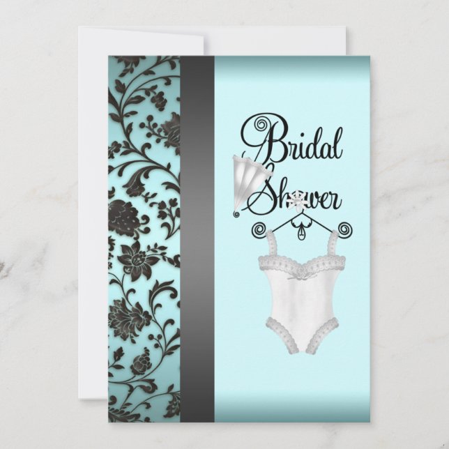 Teal Blue Black Damask Bridal Shower Invitations (Front)