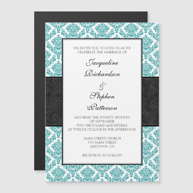 Teal Blue Black Damask Magnetic Wedding Invites (Front/Back)