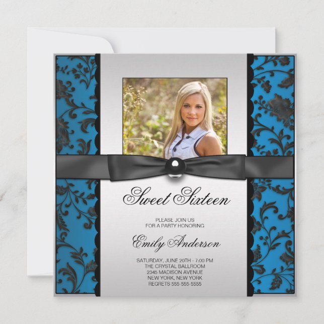Teal Blue Black Damask Photo Sweet 16 Party Invitation (Front)