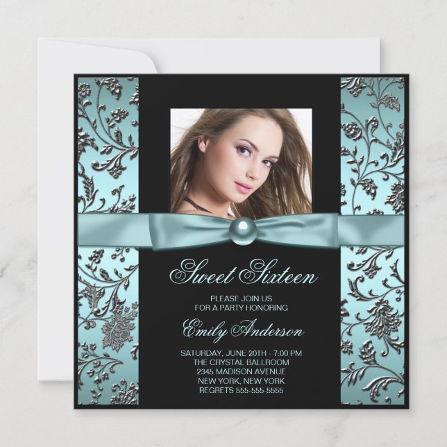 Teal Blue Black Damask Photo Sweet 16 Party Invitation (Front)